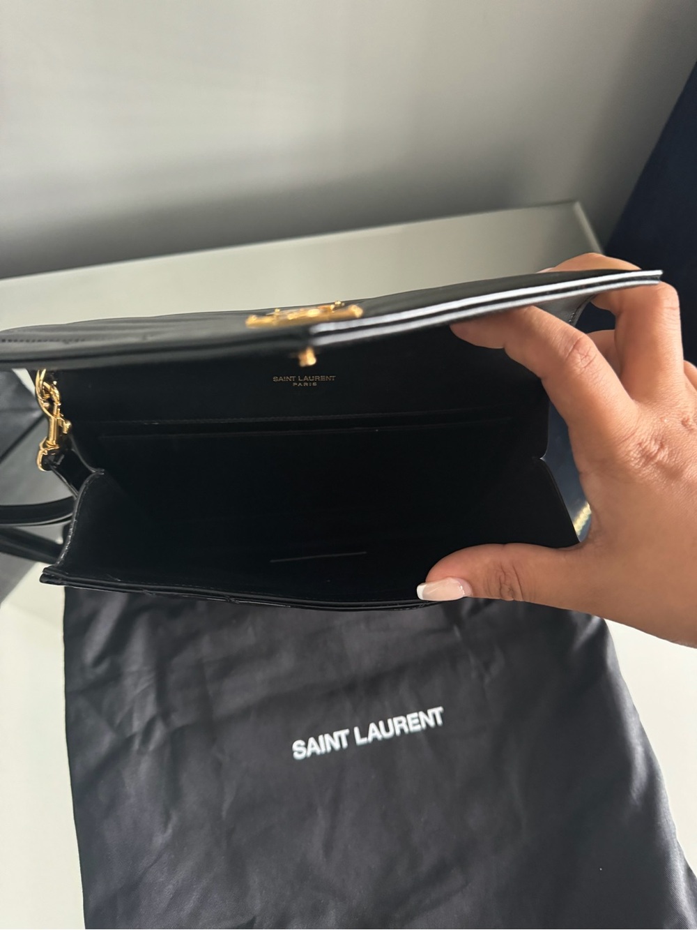 Yves Saint Laurent Cassandre Black Patent Leather Wristlet with Gold YSL - Picture 2 of 4